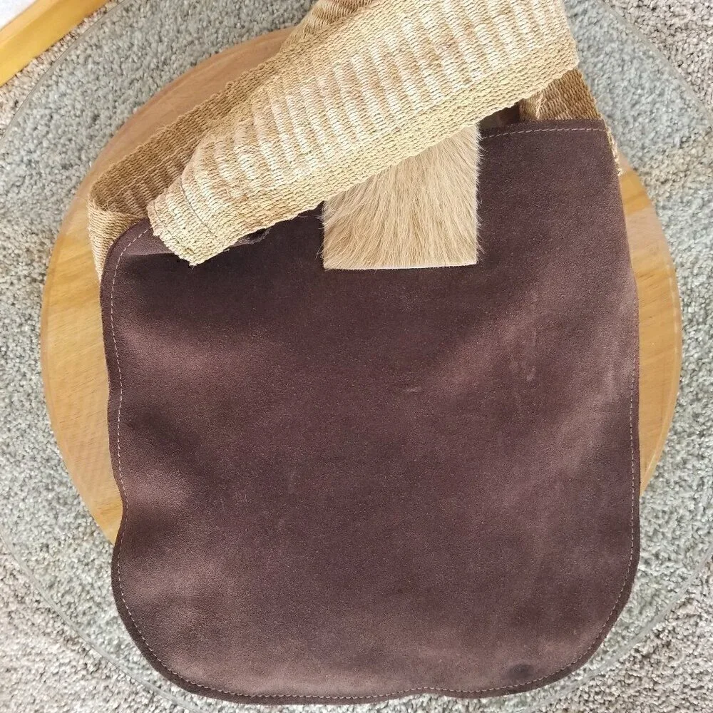 Brown Suede Satchel Bag Fur Flap Sisal Cross Body Strap Boho Slouchy Hobo